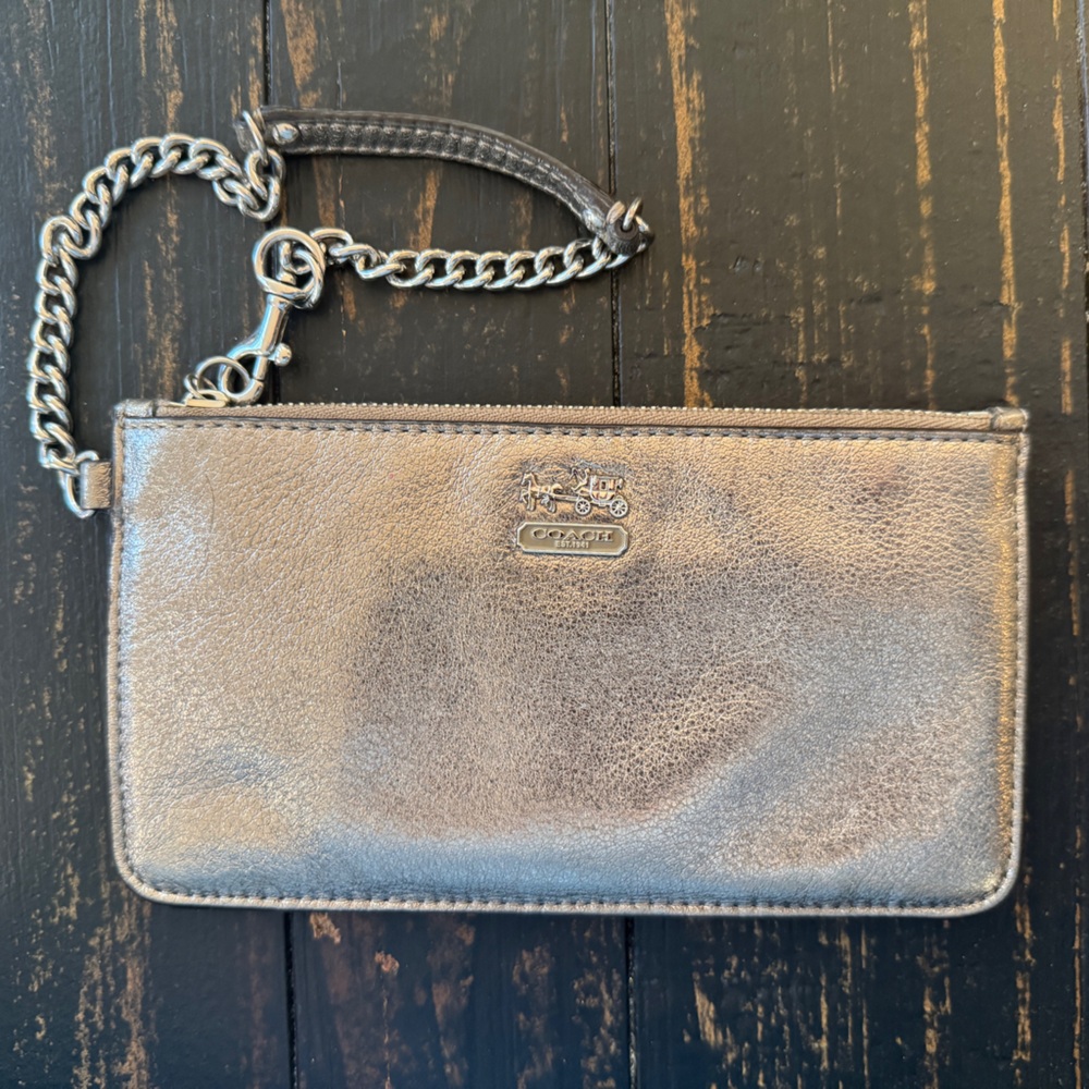 Coach Pewter/Silver pebble leather chain wristlet
